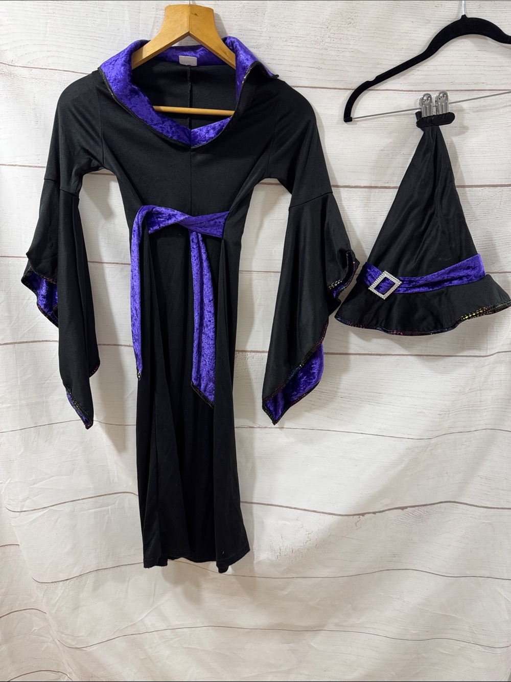 Black & Purple Witch Costume for Kids Hooded Dress Hat Spirit Halloween Small